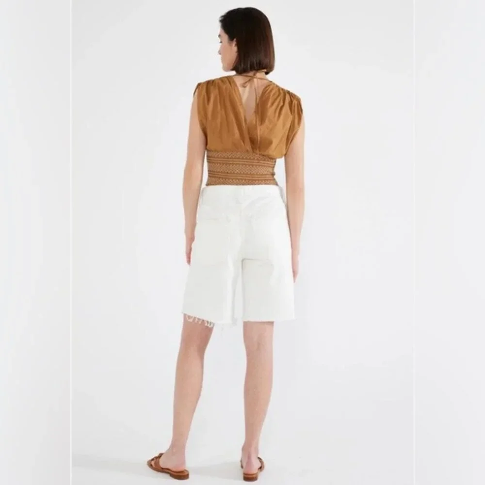 NWT etica NARIN RELAXED LONG SHORTS White Denim Laser Vortex Raw Hem Size 24‎